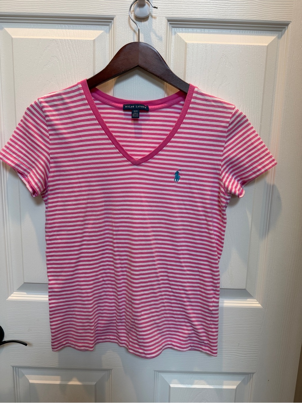 Ralph Lauren Striped 100% Cotton Pink V-Neck TShirt w/Teal blue pony